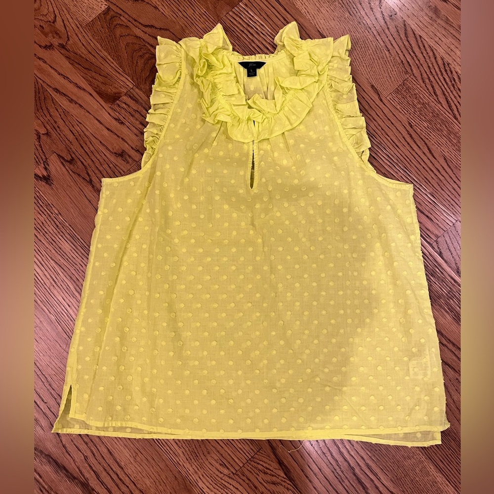 Bright yellow/green ruffle neck sleeveless top, button @ neck size L